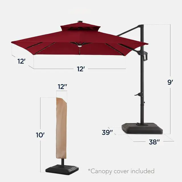 Alt view image 2 of 7 - 12x12ft LED Cantilever Patio Umbrella w/Base Included & 360° Rotation, Large Solar Offset Hanging Outdoor Sun Shade for Deck, Backyard Table w/Stand & Lights Burgundy