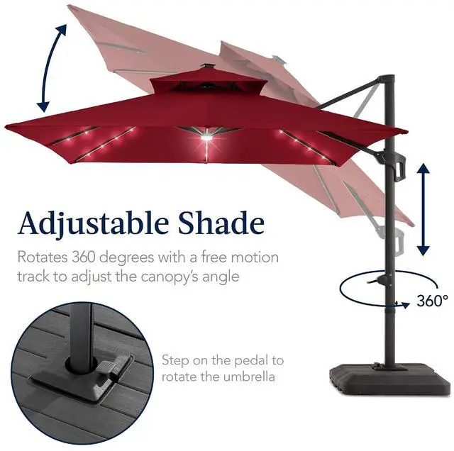 Alt view image 5 of 7 - 12x12ft LED Cantilever Patio Umbrella w/Base Included & 360° Rotation, Large Solar Offset Hanging Outdoor Sun Shade for Deck, Backyard Table w/Stand & Lights Burgundy