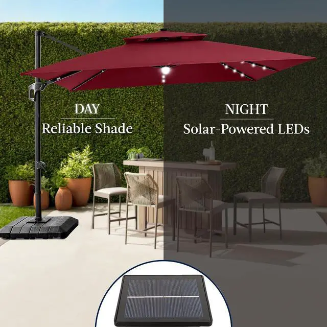 Alt view image 6 of 7 - 12x12ft LED Cantilever Patio Umbrella w/Base Included & 360° Rotation, Large Solar Offset Hanging Outdoor Sun Shade for Deck, Backyard Table w/Stand & Lights Burgundy