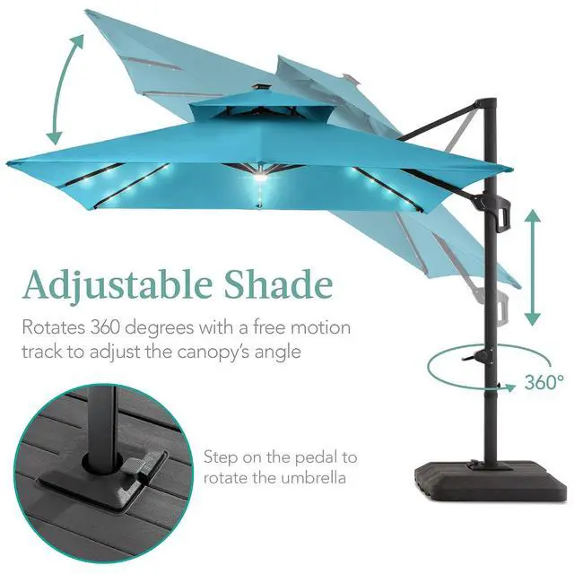 Alt view image 4 of 7 - 10x10ft Cantilever Patio Umbrella w/Base Included, Solar LED Lights 360 Rotation Large Offset Hanging Outdoor Shade for Deck Pool Backyard w/Stand Sky Blue