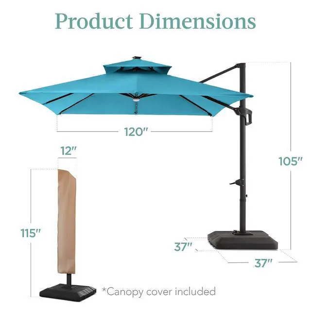 Alt view image 7 of 7 - 10x10ft Cantilever Patio Umbrella w/Base Included, Solar LED Lights 360 Rotation Large Offset Hanging Outdoor Shade for Deck Pool Backyard w/Stand Sky Blue