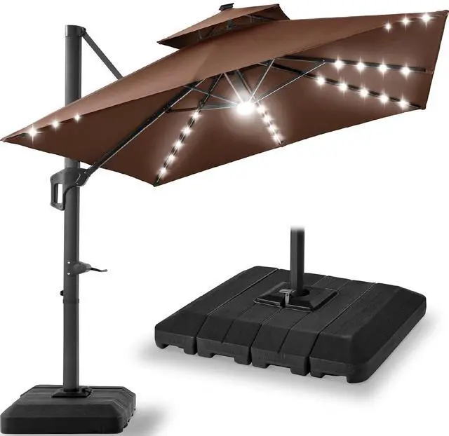 Main image of 9x12ft LED Cantilever Patio Umbrella w/Base Included & 360° Rotation, Large Solar Offset Hanging Outdoor Sun Shade for Deck, Backyard Table w/Stand & Lights Brown