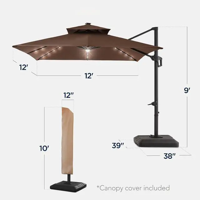 Alt view image 2 of 7 - 12x12ft LED Cantilever Patio Umbrella w/Base Included & 360° Rotation, Large Solar Offset Hanging Outdoor Sun Shade for Deck, Backyard Table w/Stand & Lights Brown