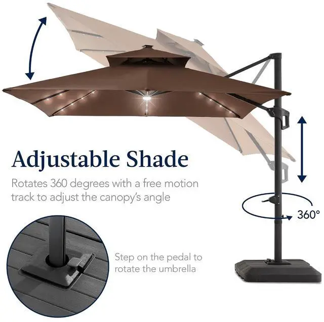 Alt view image 5 of 7 - 12x12ft LED Cantilever Patio Umbrella w/Base Included & 360° Rotation, Large Solar Offset Hanging Outdoor Sun Shade for Deck, Backyard Table w/Stand & Lights Brown