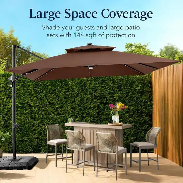 Alt view image 4 of 7 - 12x12ft LED Cantilever Patio Umbrella w/Base Included & 360° Rotation, Large Solar Offset Hanging Outdoor Sun Shade for Deck, Backyard Table w/Stand & Lights Brown