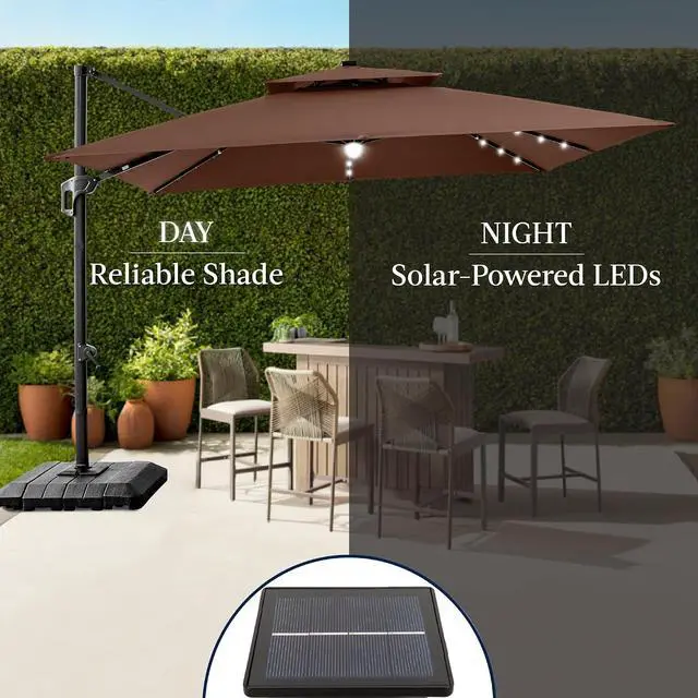 Alt view image 6 of 7 - 12x12ft LED Cantilever Patio Umbrella w/Base Included & 360° Rotation, Large Solar Offset Hanging Outdoor Sun Shade for Deck, Backyard Table w/Stand & Lights Brown