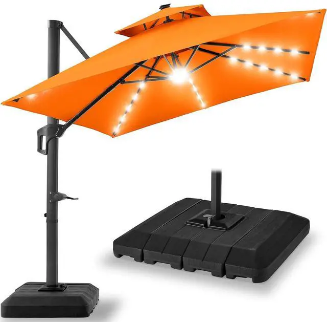 Main image of 10x10ft Cantilever Patio Umbrella w/Base Included, Solar LED Lights 360 Rotation Large Offset Hanging Outdoor Shade for Deck Pool Backyard w/Stand Orange
