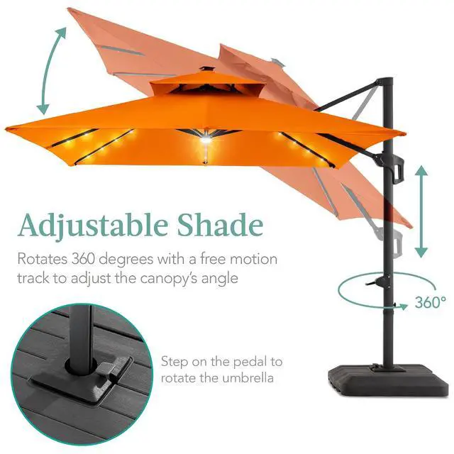 Alt view image 4 of 7 - 10x10ft Cantilever Patio Umbrella w/Base Included, Solar LED Lights 360 Rotation Large Offset Hanging Outdoor Shade for Deck Pool Backyard w/Stand Orange
