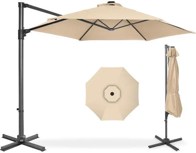 Main image of 10ft Offset Cantilever Hanging Market Patio Umbrella, Smooth 360° Rotation, 8 Sturdy Ribs, Easy Adjustment - Sand