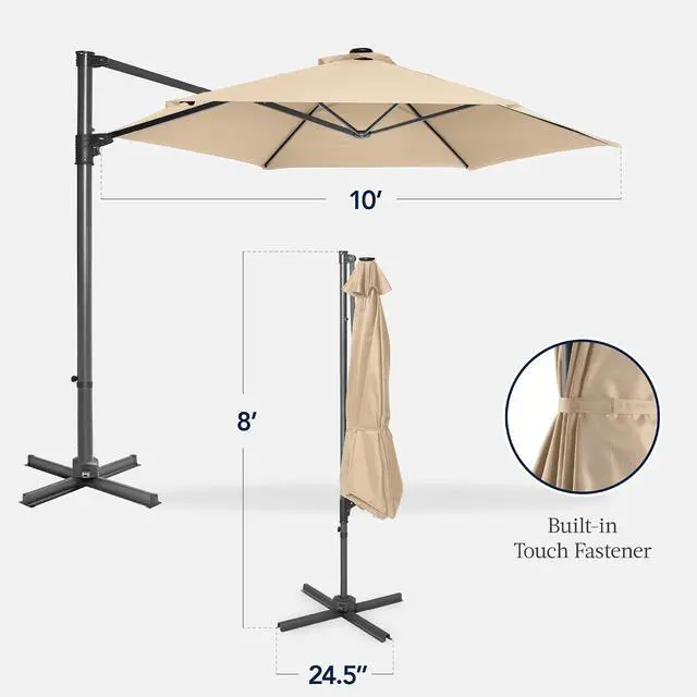 Alt view image 2 of 7 - 10ft Offset Cantilever Hanging Market Patio Umbrella, Smooth 360° Rotation, 8 Sturdy Ribs, Easy Adjustment - Sand