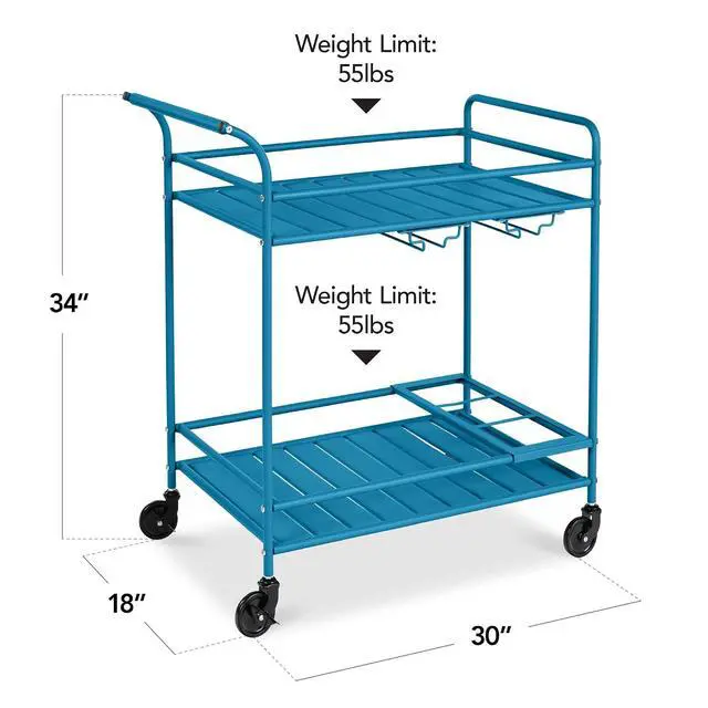 Alt view image 2 of 7 - Rolling Bar Cart, Mobile Home Bar Serving Cart, Serving Station w/ 2 Tier Shelves, Wine Rack, Lockable Wheels - Peacock