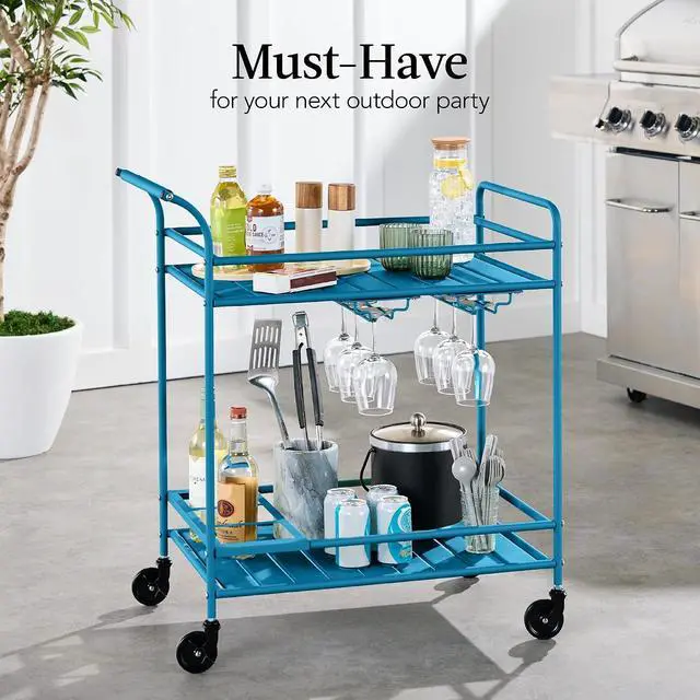 Alt view image 3 of 7 - Rolling Bar Cart, Mobile Home Bar Serving Cart, Serving Station w/ 2 Tier Shelves, Wine Rack, Lockable Wheels - Peacock