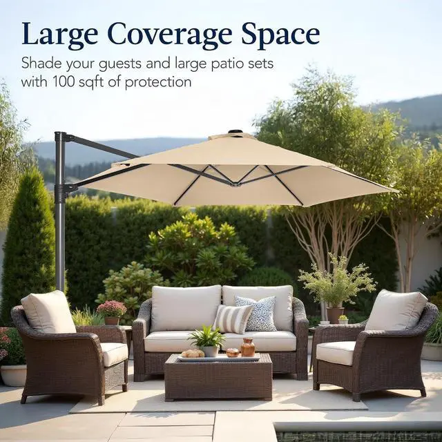 Alt view image 4 of 7 - 10ft Offset Cantilever Hanging Market Patio Umbrella, Smooth 360° Rotation, 8 Sturdy Ribs, Easy Adjustment - Sand