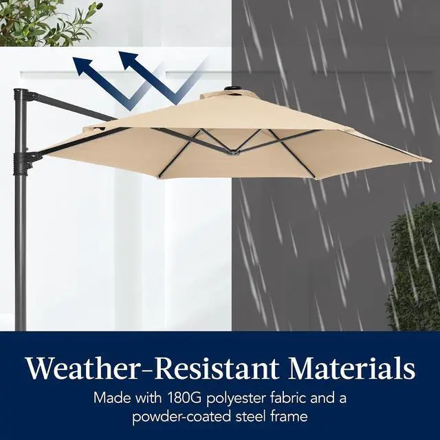 Alt view image 5 of 7 - 10ft Offset Cantilever Hanging Market Patio Umbrella, Smooth 360° Rotation, 8 Sturdy Ribs, Easy Adjustment - Sand