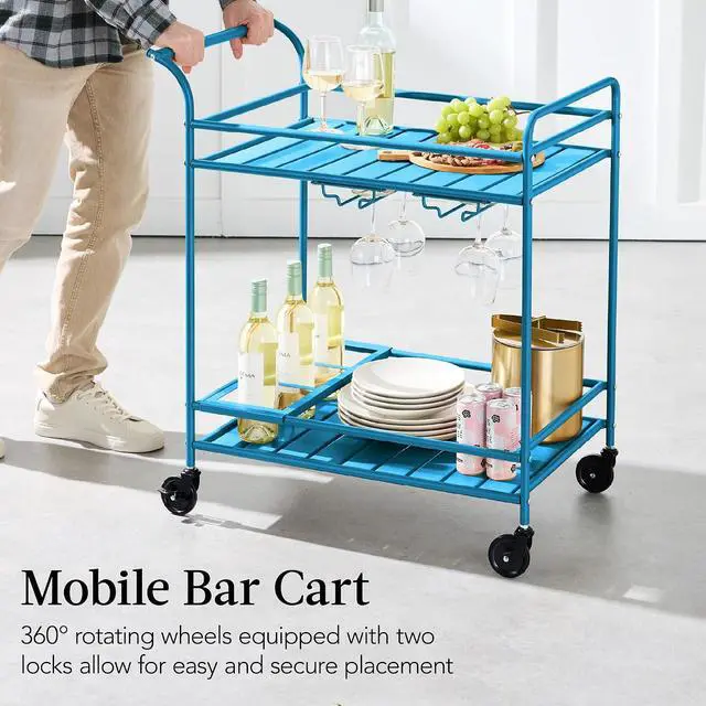 Alt view image 5 of 7 - Rolling Bar Cart, Mobile Home Bar Serving Cart, Serving Station w/ 2 Tier Shelves, Wine Rack, Lockable Wheels - Peacock