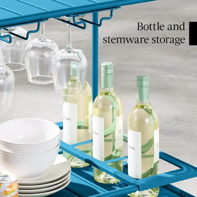 Alt view image 7 of 7 - Rolling Bar Cart, Mobile Home Bar Serving Cart, Serving Station w/ 2 Tier Shelves, Wine Rack, Lockable Wheels - Peacock