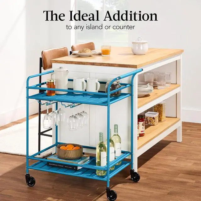 Alt view image 6 of 7 - Rolling Bar Cart, Mobile Home Bar Serving Cart, Serving Station w/ 2 Tier Shelves, Wine Rack, Lockable Wheels - Peacock