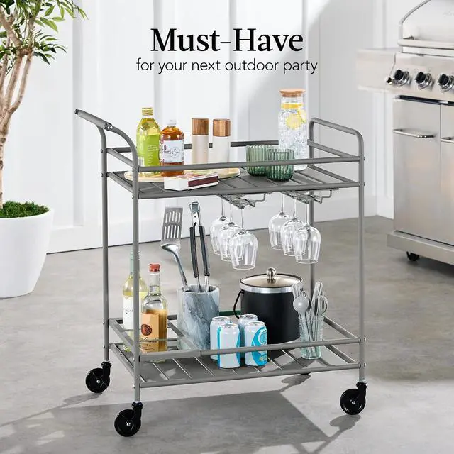 Alt view image 3 of 7 - Rolling Bar Cart, Mobile Home Bar Serving Cart, Serving Station w/ 2 Tier Shelves, Wine Rack, Lockable Wheels - Gray