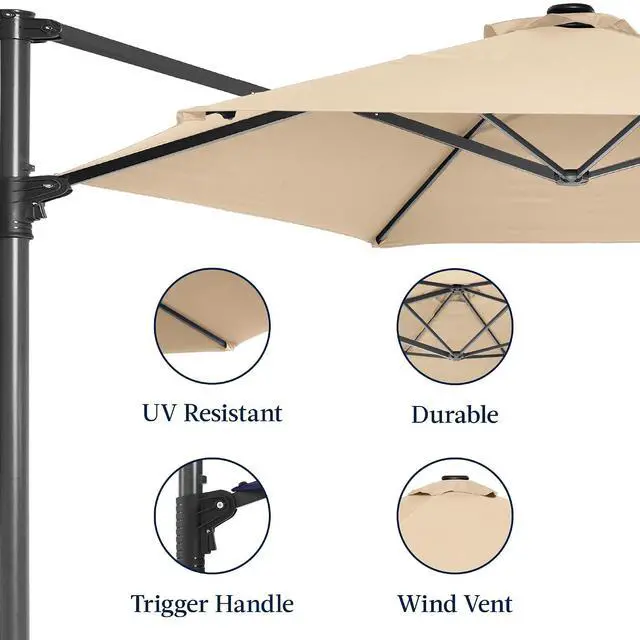 Alt view image 7 of 7 - 10ft Offset Cantilever Hanging Market Patio Umbrella, Smooth 360° Rotation, 8 Sturdy Ribs, Easy Adjustment - Sand