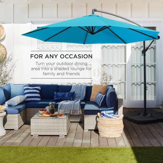 Alt view image 3 of 7 - 10ft Offset Cantilever Hanging Market Patio Umbrella, 8 Sturdy Ribs, Easy Adjustment - Sky Blue