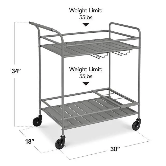 Alt view image 2 of 7 - Rolling Bar Cart, Mobile Home Bar Serving Cart, Serving Station w/ 2 Tier Shelves, Wine Rack, Lockable Wheels - Gray