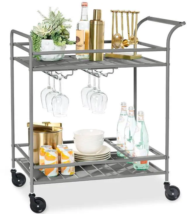 Main image of Rolling Bar Cart, Mobile Home Bar Serving Cart, Serving Station w/ 2 Tier Shelves, Wine Rack, Lockable Wheels - Gray