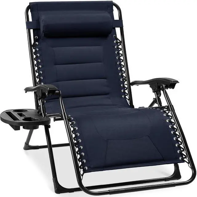 Main image of Oversized Padded Zero Gravity Chair, Folding Outdoor Patio Recliner, XL Anti Gravity Lounger for Backyard w/Headrest, Cup Holder, Side Tray, Polyester Mesh - Navy Blue