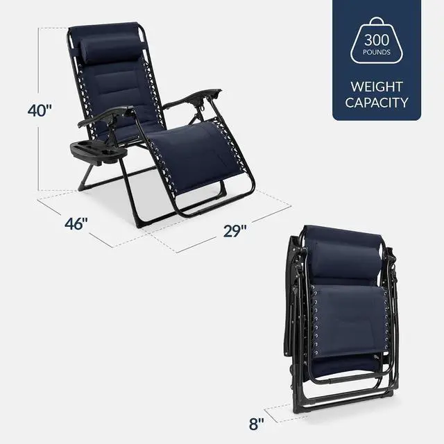 Alt view image 2 of 7 - Oversized Padded Zero Gravity Chair, Folding Outdoor Patio Recliner, XL Anti Gravity Lounger for Backyard w/Headrest, Cup Holder, Side Tray, Polyester Mesh - Navy Blue