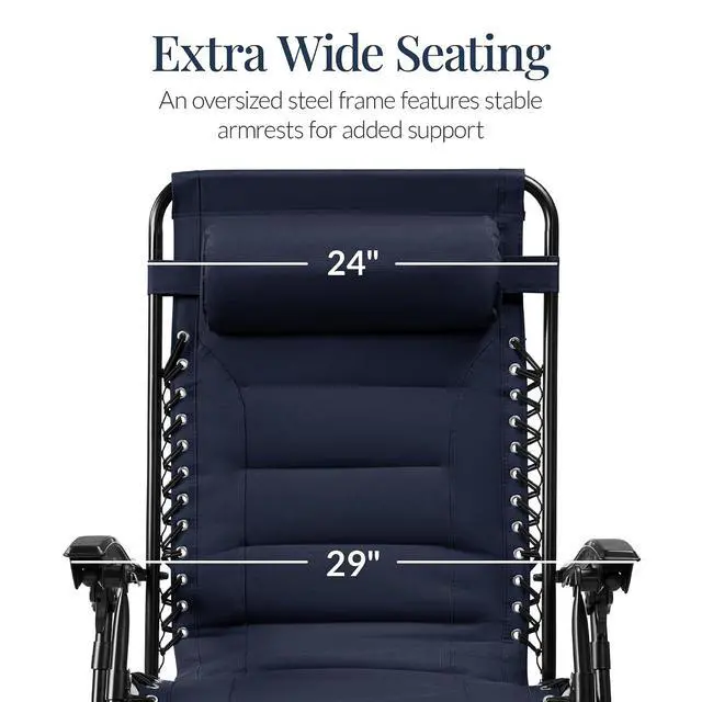 Alt view image 3 of 7 - Oversized Padded Zero Gravity Chair, Folding Outdoor Patio Recliner, XL Anti Gravity Lounger for Backyard w/Headrest, Cup Holder, Side Tray, Polyester Mesh - Navy Blue