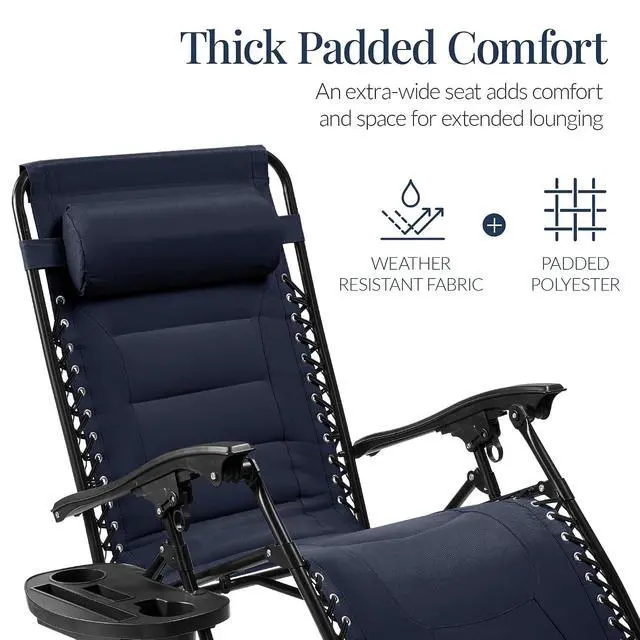 Alt view image 4 of 7 - Oversized Padded Zero Gravity Chair, Folding Outdoor Patio Recliner, XL Anti Gravity Lounger for Backyard w/Headrest, Cup Holder, Side Tray, Polyester Mesh - Navy Blue