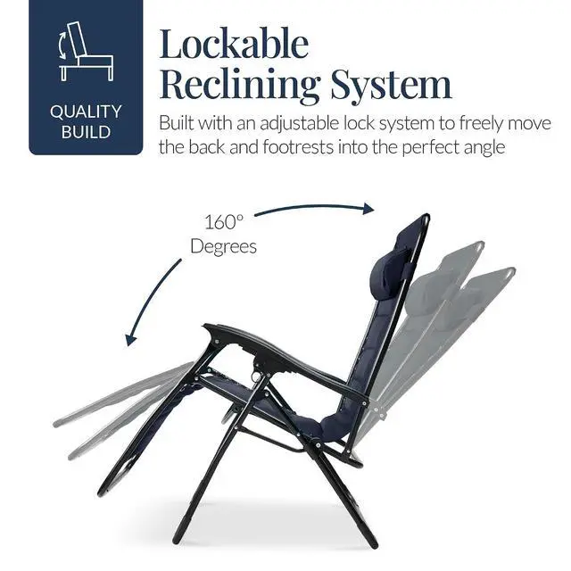Alt view image 7 of 7 - Oversized Padded Zero Gravity Chair, Folding Outdoor Patio Recliner, XL Anti Gravity Lounger for Backyard w/Headrest, Cup Holder, Side Tray, Polyester Mesh - Navy Blue