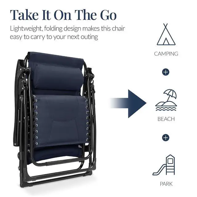 Alt view image 5 of 7 - Oversized Padded Zero Gravity Chair, Folding Outdoor Patio Recliner, XL Anti Gravity Lounger for Backyard w/Headrest, Cup Holder, Side Tray, Polyester Mesh - Navy Blue