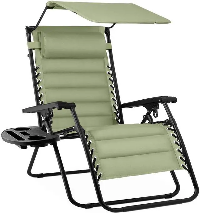 Main image of Oversized Padded Zero Gravity Chair w/Canopy Headrest Cup Holder Side Tray, Folding Outdoor Patio Recliner Lounger - Sage Green