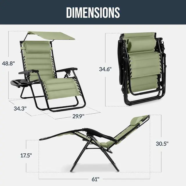 Alt view image 2 of 7 - Oversized Padded Zero Gravity Chair w/Canopy Headrest Cup Holder Side Tray, Folding Outdoor Patio Recliner Lounger - Sage Green
