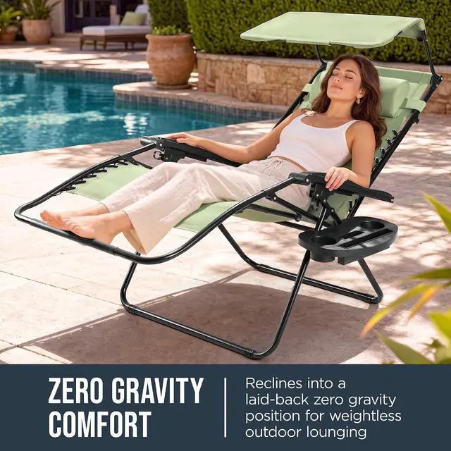 Alt view image 3 of 7 - Oversized Padded Zero Gravity Chair w/Canopy Headrest Cup Holder Side Tray, Folding Outdoor Patio Recliner Lounger - Sage Green