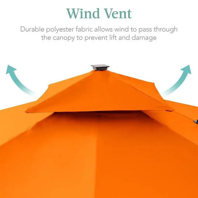 Alt view image 6 of 7 - 10x10ft Cantilever Patio Umbrella w/Base Included, Solar LED Lights 360 Rotation Large Offset Hanging Outdoor Shade for Deck Pool Backyard w/Stand Orange