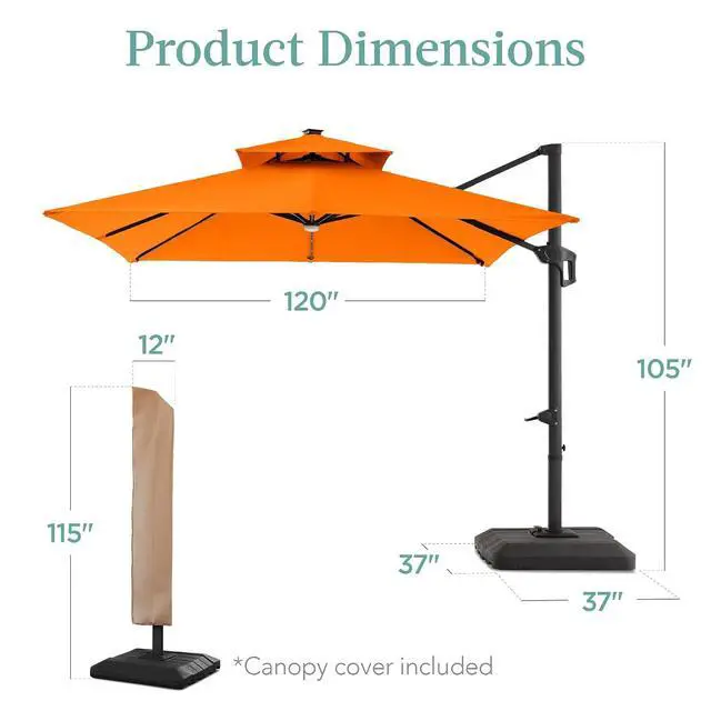 Alt view image 7 of 7 - 10x10ft Cantilever Patio Umbrella w/Base Included, Solar LED Lights 360 Rotation Large Offset Hanging Outdoor Shade for Deck Pool Backyard w/Stand Orange