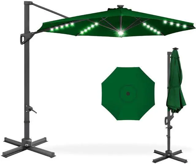 Main image of 10ft Solar LED Cantilever Patio Umbrella, 360-Degree Rotation Hanging Offset Market Outdoor Sun Shade for Backyard, Deck, Poolside w/Lights, Easy Tilt, Cross Base - Green