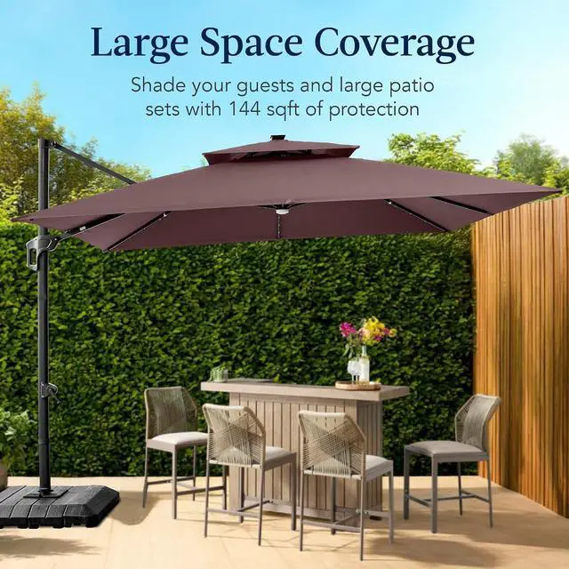 Alt view image 4 of 7 - 12x12ft LED Cantilever Patio Umbrella w/Base Included & 360° Rotation, Large Solar Offset Hanging Outdoor Sun Shade for Deck, Backyard Table w/Stand & Lights Deep Taupe