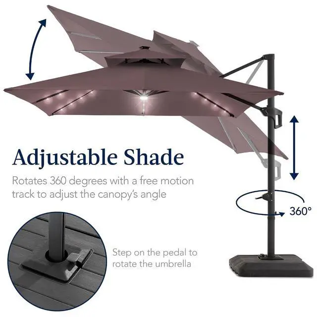 Alt view image 5 of 7 - 12x12ft LED Cantilever Patio Umbrella w/Base Included & 360° Rotation, Large Solar Offset Hanging Outdoor Sun Shade for Deck, Backyard Table w/Stand & Lights Deep Taupe