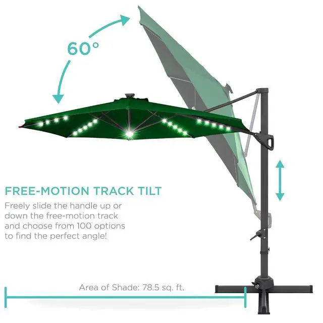 Alt view image 5 of 7 - 10ft Solar LED Cantilever Patio Umbrella, 360-Degree Rotation Hanging Offset Market Outdoor Sun Shade for Backyard, Deck, Poolside w/Lights, Easy Tilt, Cross Base - Green