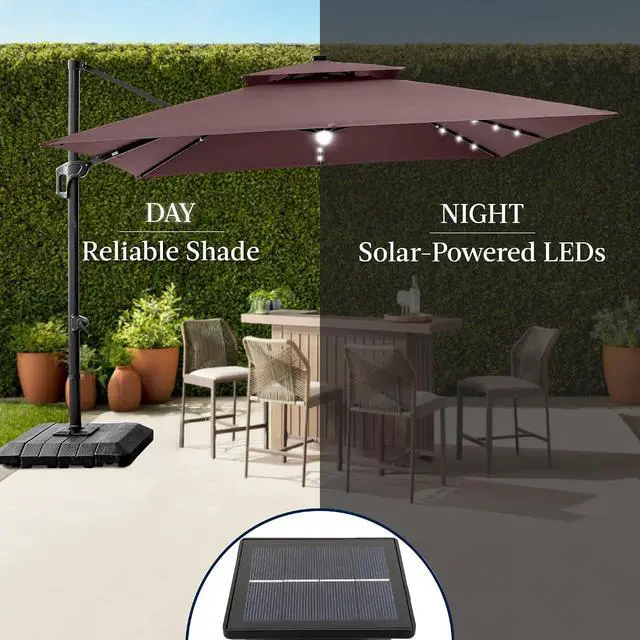 Alt view image 6 of 7 - 12x12ft LED Cantilever Patio Umbrella w/Base Included & 360° Rotation, Large Solar Offset Hanging Outdoor Sun Shade for Deck, Backyard Table w/Stand & Lights Deep Taupe