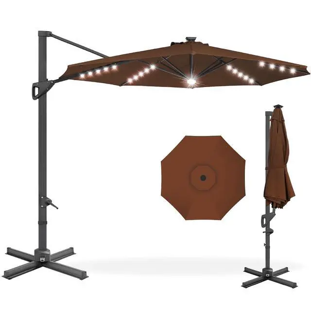 Main image of 10ft Solar LED Cantilever Patio Umbrella, 360-Degree Rotation Hanging Offset Market Outdoor Sun Shade for Backyard, Deck, Poolside w/Lights, Easy Tilt, Cross Base - Brown