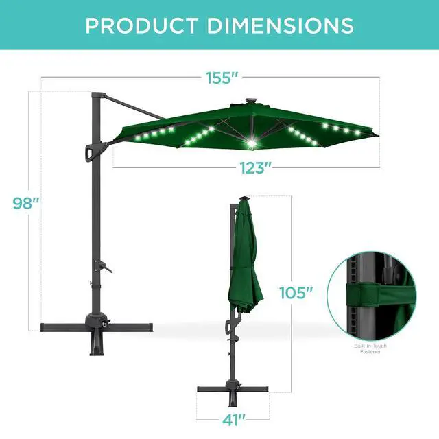 Alt view image 7 of 7 - 10ft Solar LED Cantilever Patio Umbrella, 360-Degree Rotation Hanging Offset Market Outdoor Sun Shade for Backyard, Deck, Poolside w/Lights, Easy Tilt, Cross Base - Green
