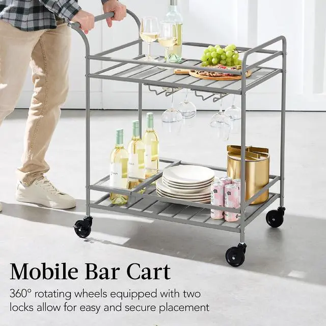 Alt view image 5 of 7 - Rolling Bar Cart, Mobile Home Bar Serving Cart, Serving Station w/ 2 Tier Shelves, Wine Rack, Lockable Wheels - Gray