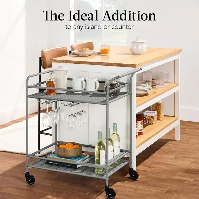 Alt view image 6 of 7 - Rolling Bar Cart, Mobile Home Bar Serving Cart, Serving Station w/ 2 Tier Shelves, Wine Rack, Lockable Wheels - Gray
