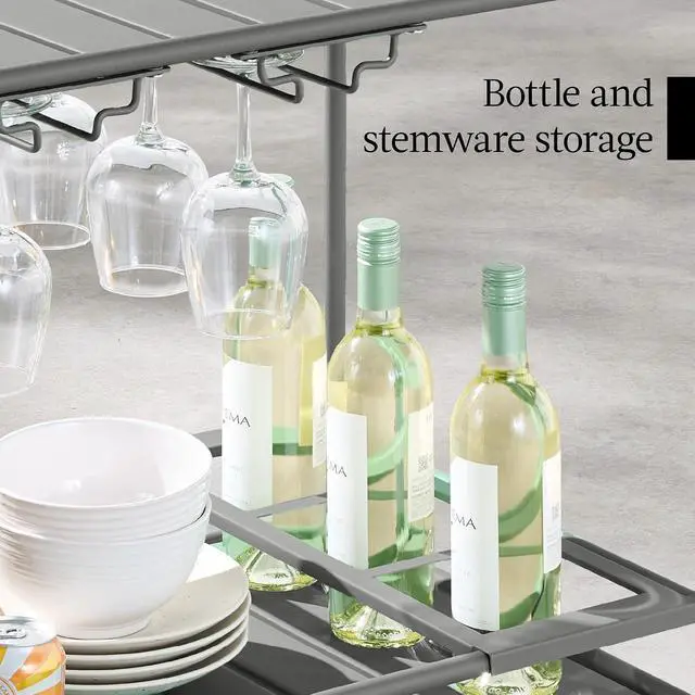 Alt view image 7 of 7 - Rolling Bar Cart, Mobile Home Bar Serving Cart, Serving Station w/ 2 Tier Shelves, Wine Rack, Lockable Wheels - Gray