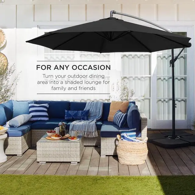 Alt view image 3 of 7 - 10ft Offset Hanging Market Patio Umbrella w/Easy Tilt Adjustment, Polyester Shade, 8 Ribs for Backyard, Poolside, Lawn and Garden - Black