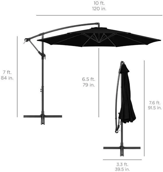 Alt view image 7 of 7 - 10ft Offset Hanging Market Patio Umbrella w/Easy Tilt Adjustment, Polyester Shade, 8 Ribs for Backyard, Poolside, Lawn and Garden - Black