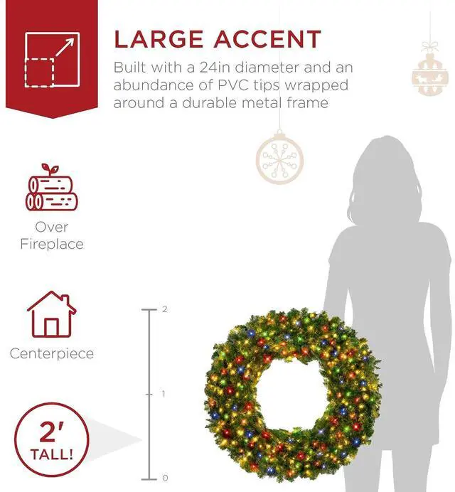 Alt view image 4 of 7 - 24in Large Artificial Pre-Lit Fir Christmas Wreath Holiday Accent Decoration w/ 50 Multicolor Lights, 100 PVC Tips